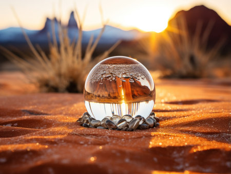 a glass ball on a pile of pebblesの素材