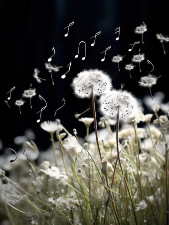 dandelions flying in the air with musical notes flying in the airの素材