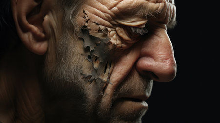 a close up of a man's face with a torn skinの素材