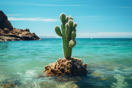 a cactus growing on a rock in the waterの素材