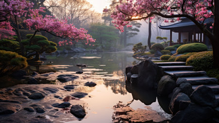 a pond with pink flowers and treesの素材