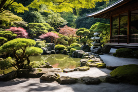 a pond with a building and treesの素材