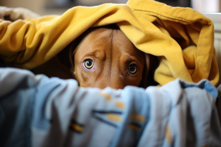 a dog hiding under a blanketの素材