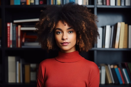 a woman with curly hair in a red sweaterの素材