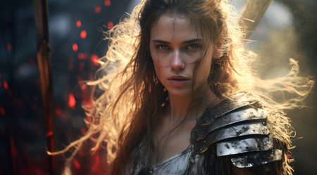 a woman with long hair wearing metal armorの素材