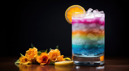 a glass of rainbow colored drink with ice and lemon slicesの素材