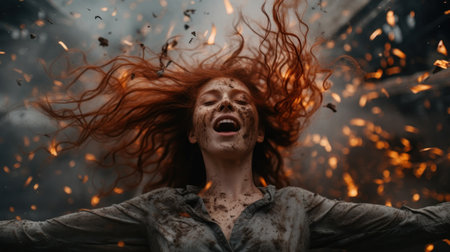 a woman with red hair and dirt on her faceの素材