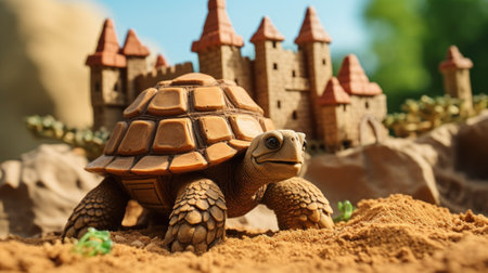 a turtle in sand with a castle in the backgroundの素材