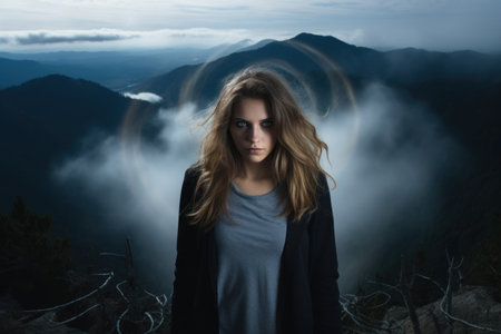 a woman standing on a mountainの素材