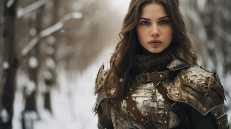 a woman in armor in the snowの素材