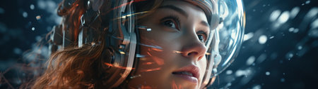 a woman wearing a helmet and headphonesの素材