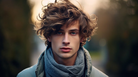 a man with curly hair wearing a scarfの素材
