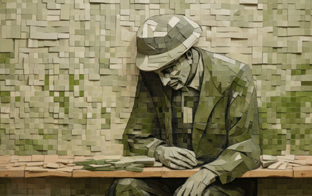 a man sitting on a table with a hatの素材