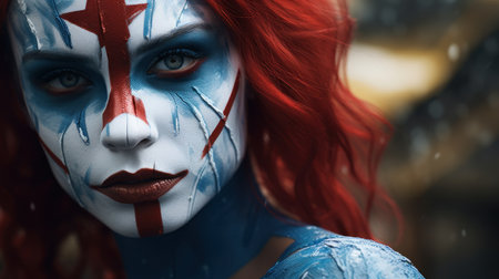 a woman with red hair and blue face paintの素材