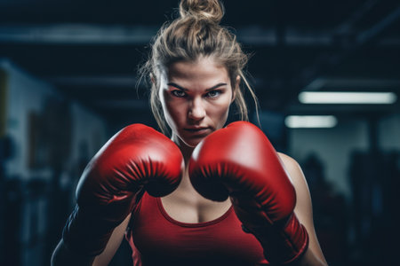 a woman wearing boxing glovesの素材