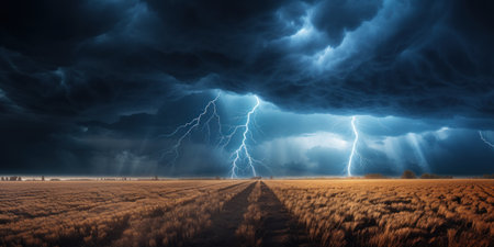 lightning striking a fieldの素材