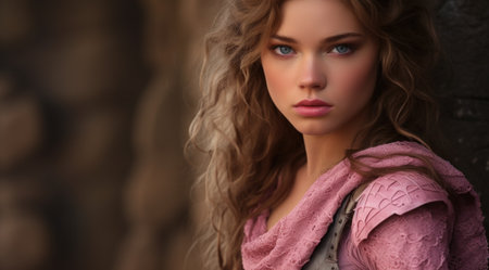 a woman with long hair wearing a pink shirtの素材