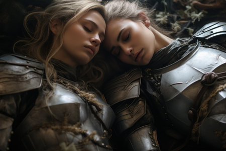 two women in armor lying downの素材