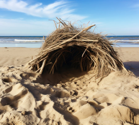 a structure made of sticks on a beachの素材