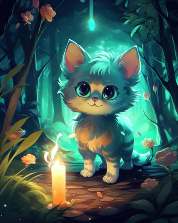 a cat in a forest with a candleの素材