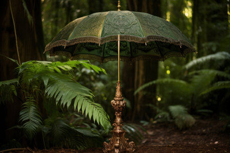 a green umbrella in the woodsの素材