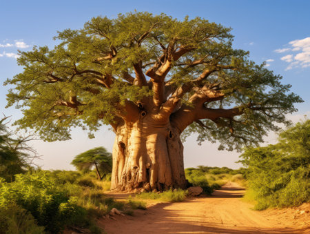 a large tree with a dirt roadの素材