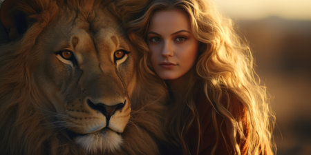 a woman with long hair next to a lionの素材
