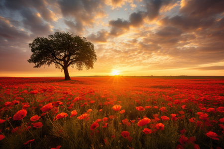 a field of red flowers with a tree in the backgroundの素材
