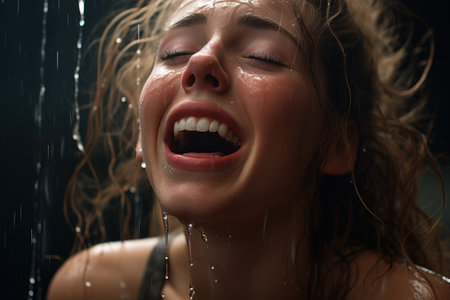 a woman laughing with water dripping off her faceの素材