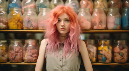 a woman with pink hair in front of jars of objectsの素材