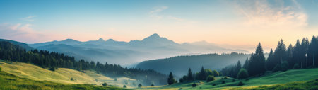 a landscape of a valley with trees and mountainsの素材