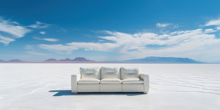 a white couch in the middle of a flat desertの素材