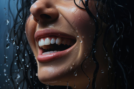 a close up of a woman's face with water droplets on her faceの素材