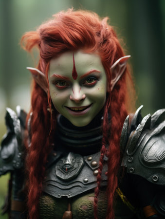 a woman with red hair and green skin and ears in armorの素材