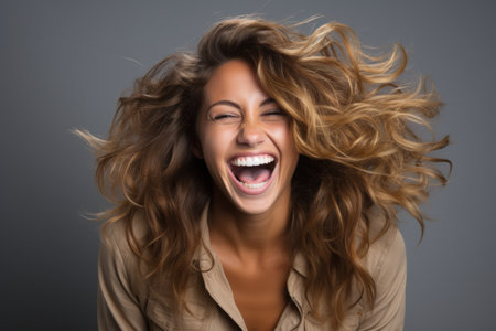 a woman with her mouth open laughingの素材