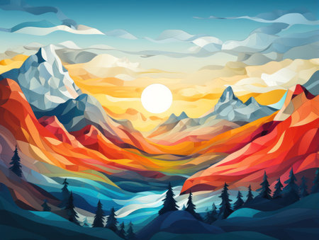 a colorful mountain landscape with trees and mountainsの素材