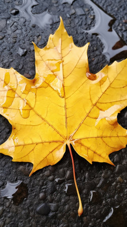 a yellow leaf on a wet surfaceの素材