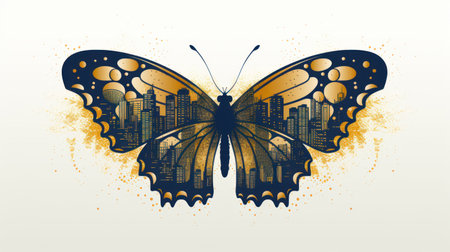 a butterfly with a city in the backgroundの素材