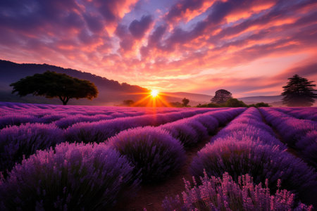 a field of lavender with the sun setting behind itの素材
