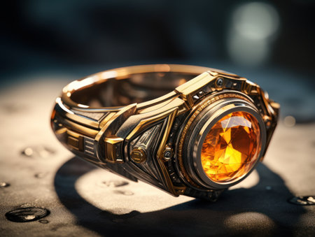 a gold and silver ring with a large yellow stoneの素材