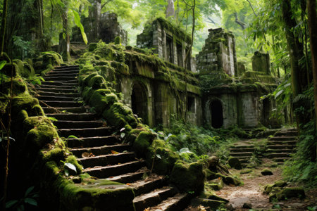 a stone building with moss covered stepsの素材