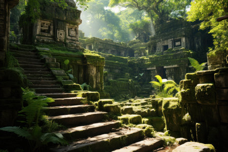 a stone building with moss covered stepsの素材