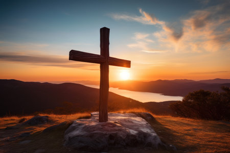 a cross on a rock with a sunset in the backgroundの素材