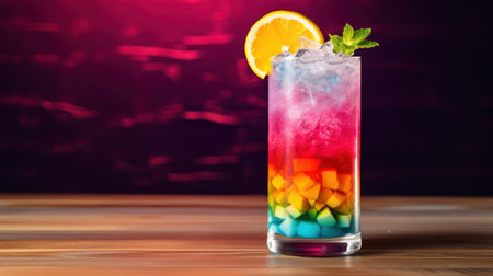 a glass with a rainbow colored drink and a slice of lemonの素材
