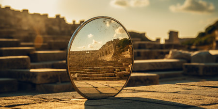 a round mirror with a stone wall in the backgroundの素材