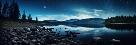 a lake with rocks and mountains in the backgroundの素材