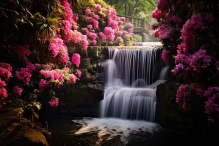 a waterfall surrounded by pink flowersの素材
