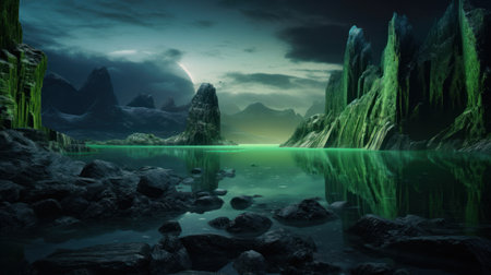 a green landscape with rocks and waterの素材