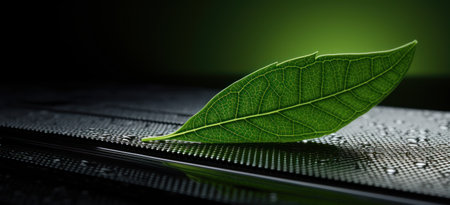 a green leaf on a black surfaceの素材