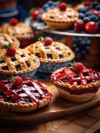 a group of fruit pies on a tableの素材